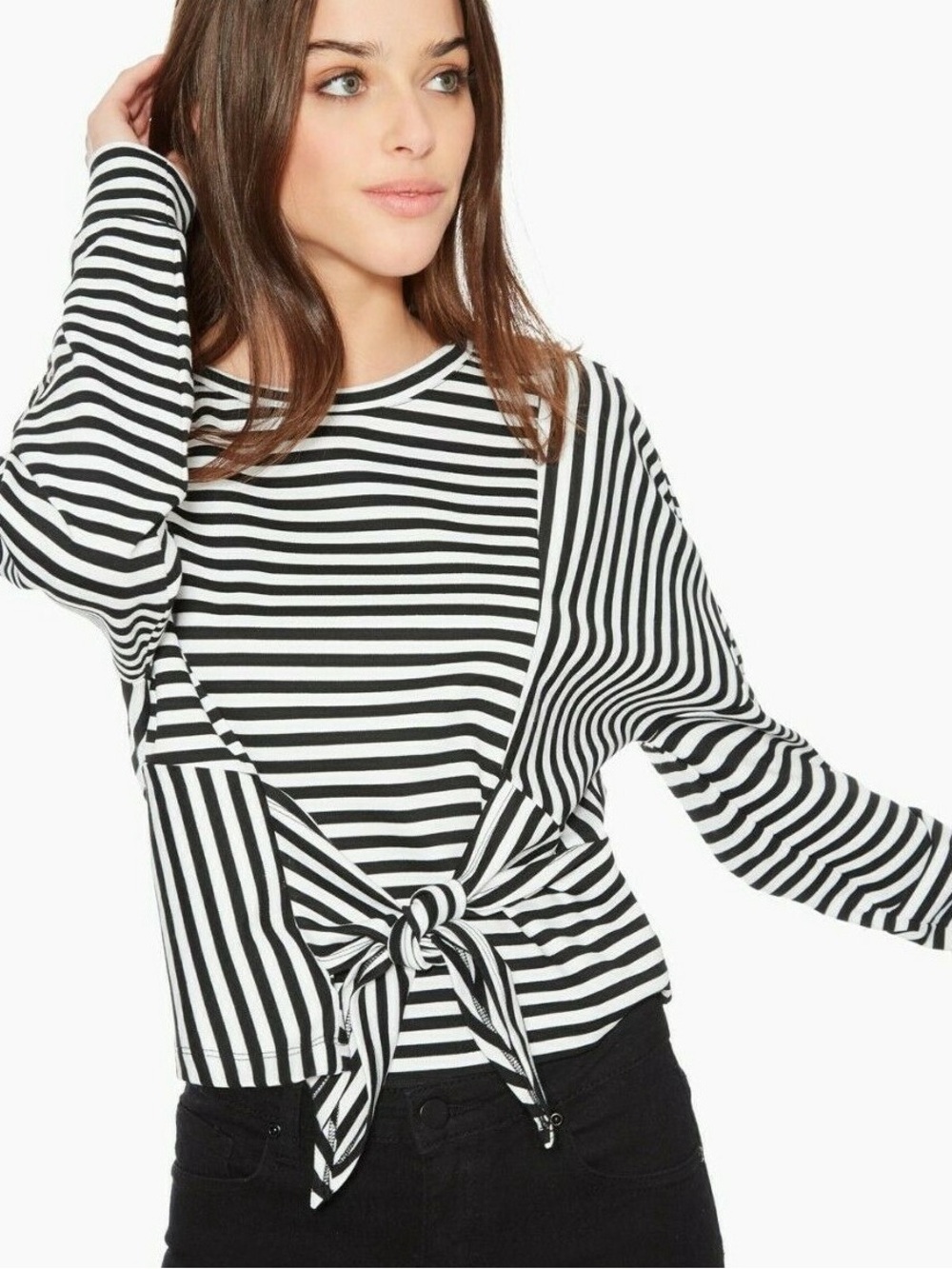 PARKER - NANETTE Striped Tie-Front Long Sleeve Top - Black & White, Sz-S